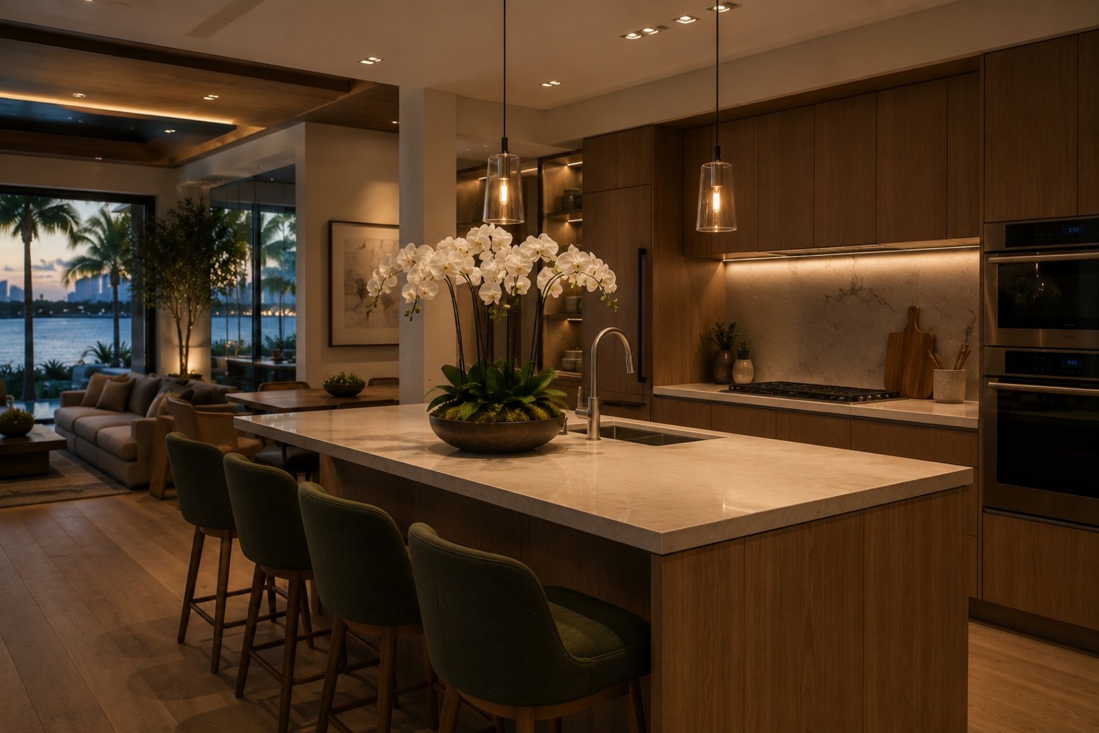 Elegant waterfront kitchen in the evening