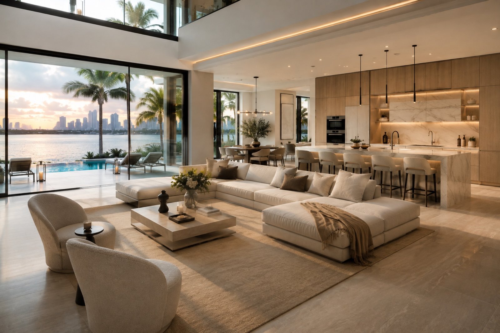 Living room open to the waterfront at sunset