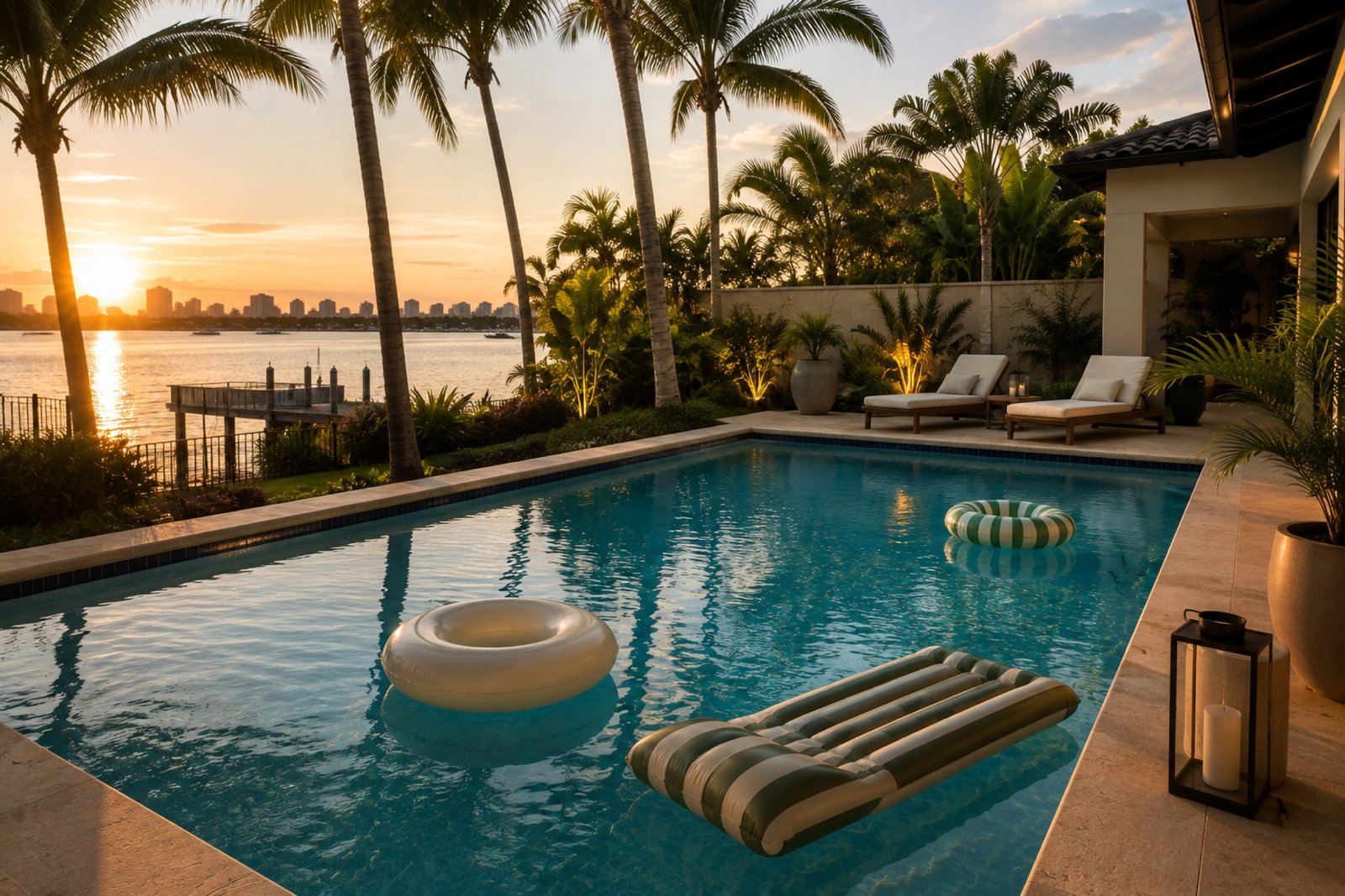Pool at dusk with palm trees