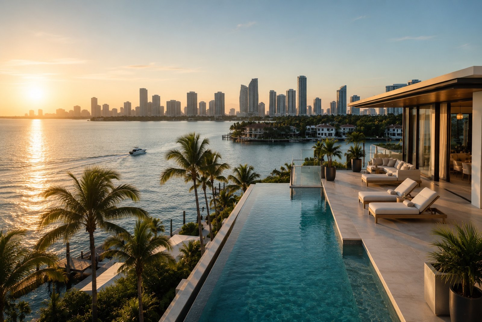 Rooftop pool overlooking the Miami skyline at dusk